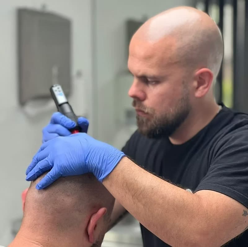Baptiste réalise une séance de micropigmentation du cuir chevelu : dépôt de pigment point par point au dermographe, gants à usage unique